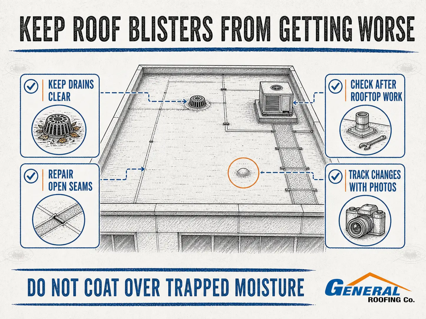 General Roofing checklist infographic showing how to keep roof blisters from getting worse through maintenance and photo tracking.