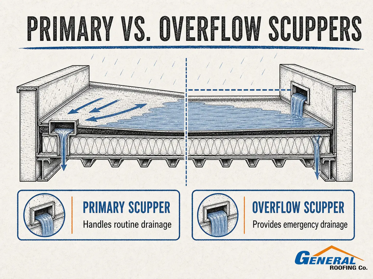 General Roofing infographic comparing a primary roof scupper with a higher emergency overflow scupper.