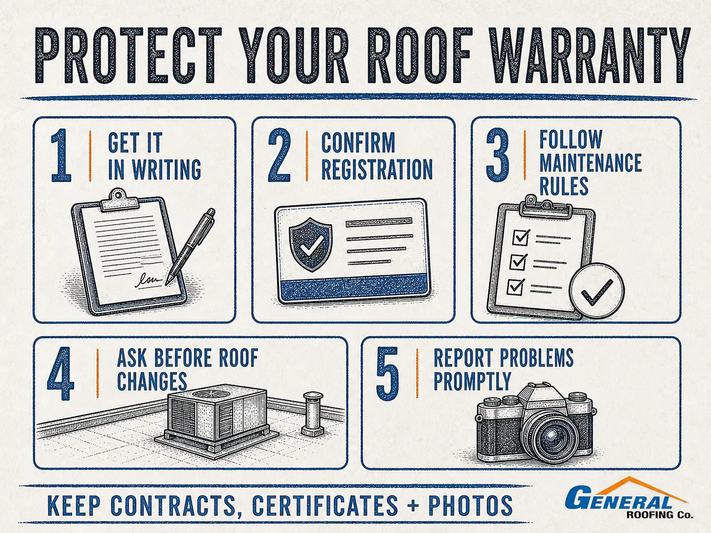 General Roofing roof warranty checklist for registration, maintenance, roof changes, and prompt problem reporting.