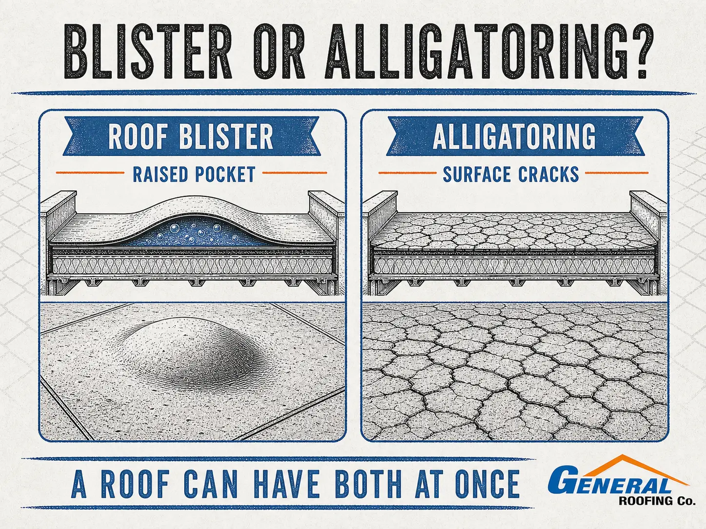 General Roofing infographic comparing a raised roof blister with flat alligatoring surface cracks.