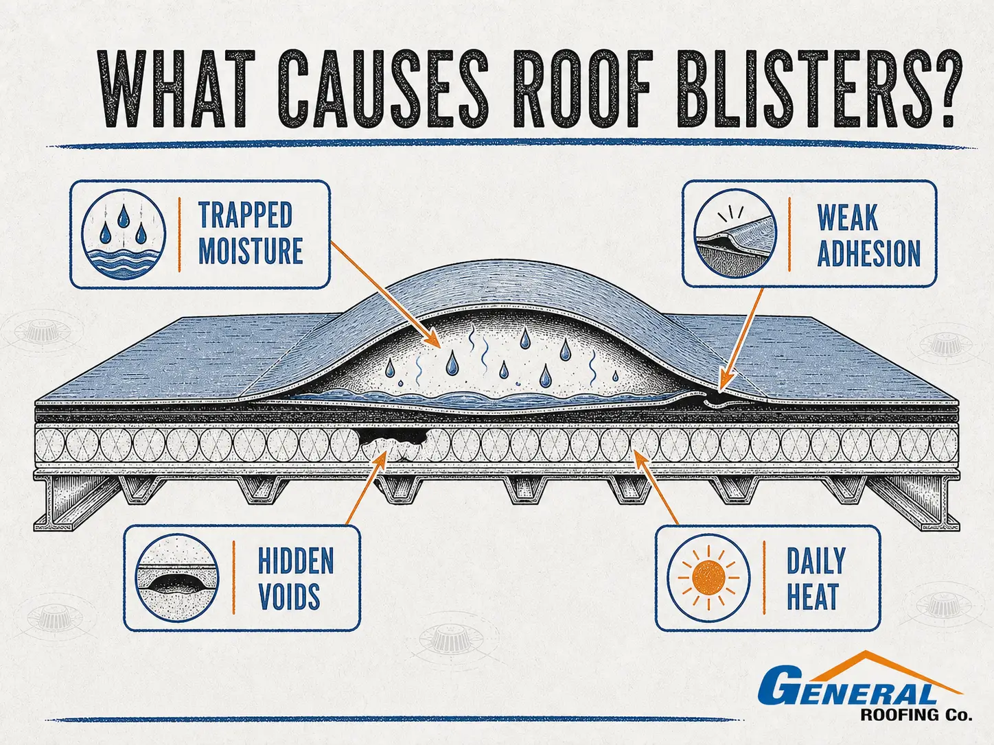 General Roofing infographic showing trapped moisture, weak adhesion, hidden voids, and daily heat as causes of roof blistering.