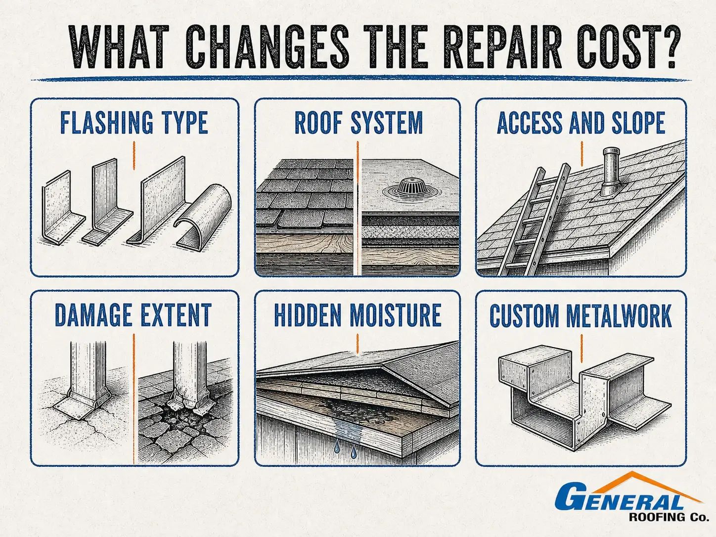 General Roofing infographic showing how flashing type, roof system, access, damage, hidden moisture, and custom metalwork affect repair cost.