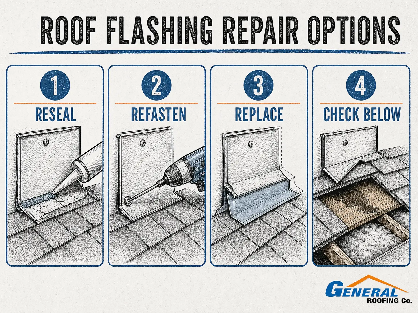 General Roofing infographic showing four roof flashing repair options: reseal, refasten, replace, and check for hidden damage.