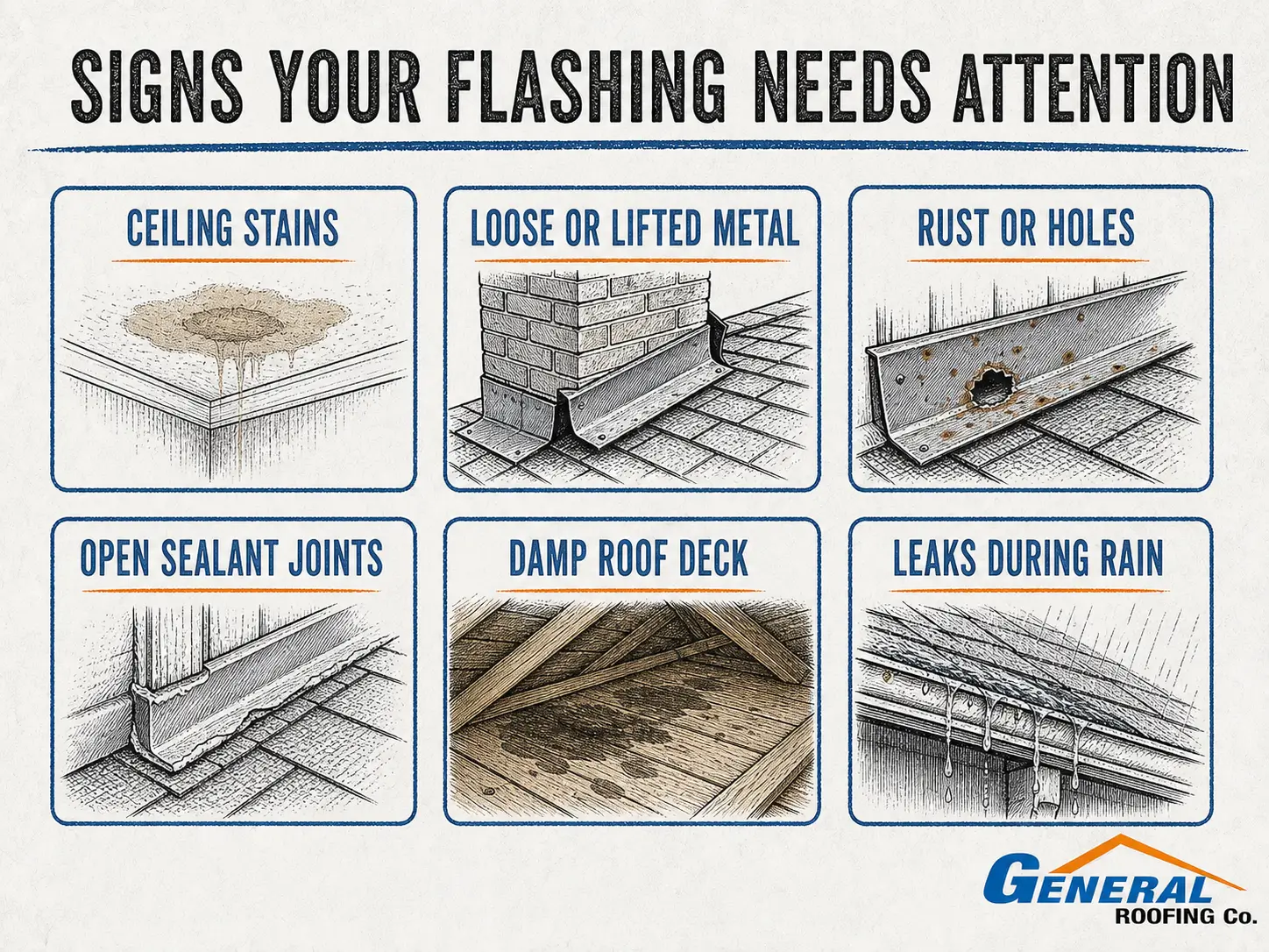 General Roofing infographic showing ceiling stains, loose metal, rust, open sealant joints, damp decking, and rain leaks as flashing warning signs.