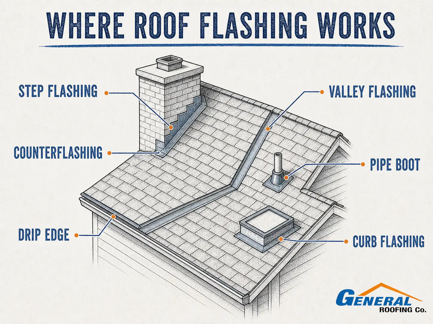 Vintage General Roofing infographic labeling step flashing, counterflashing, valley flashing, drip edge, a pipe boot, and curb flashing.