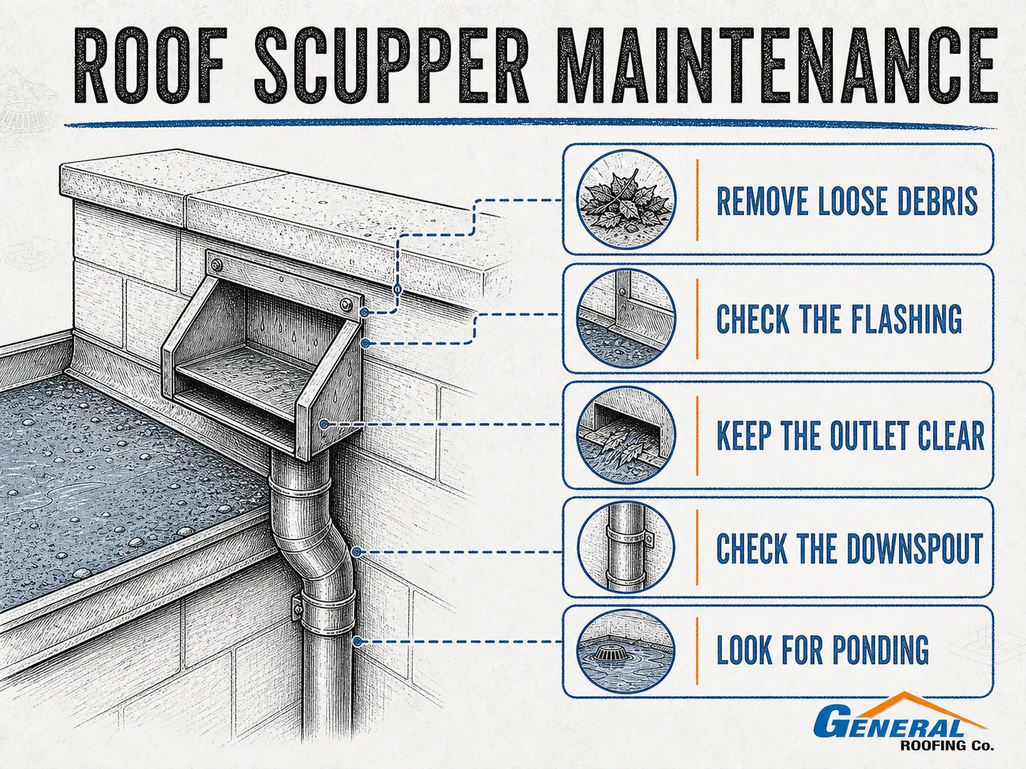 General Roofing roof scupper maintenance checklist covering debris, flashing, the outlet, downspout, and nearby ponding.