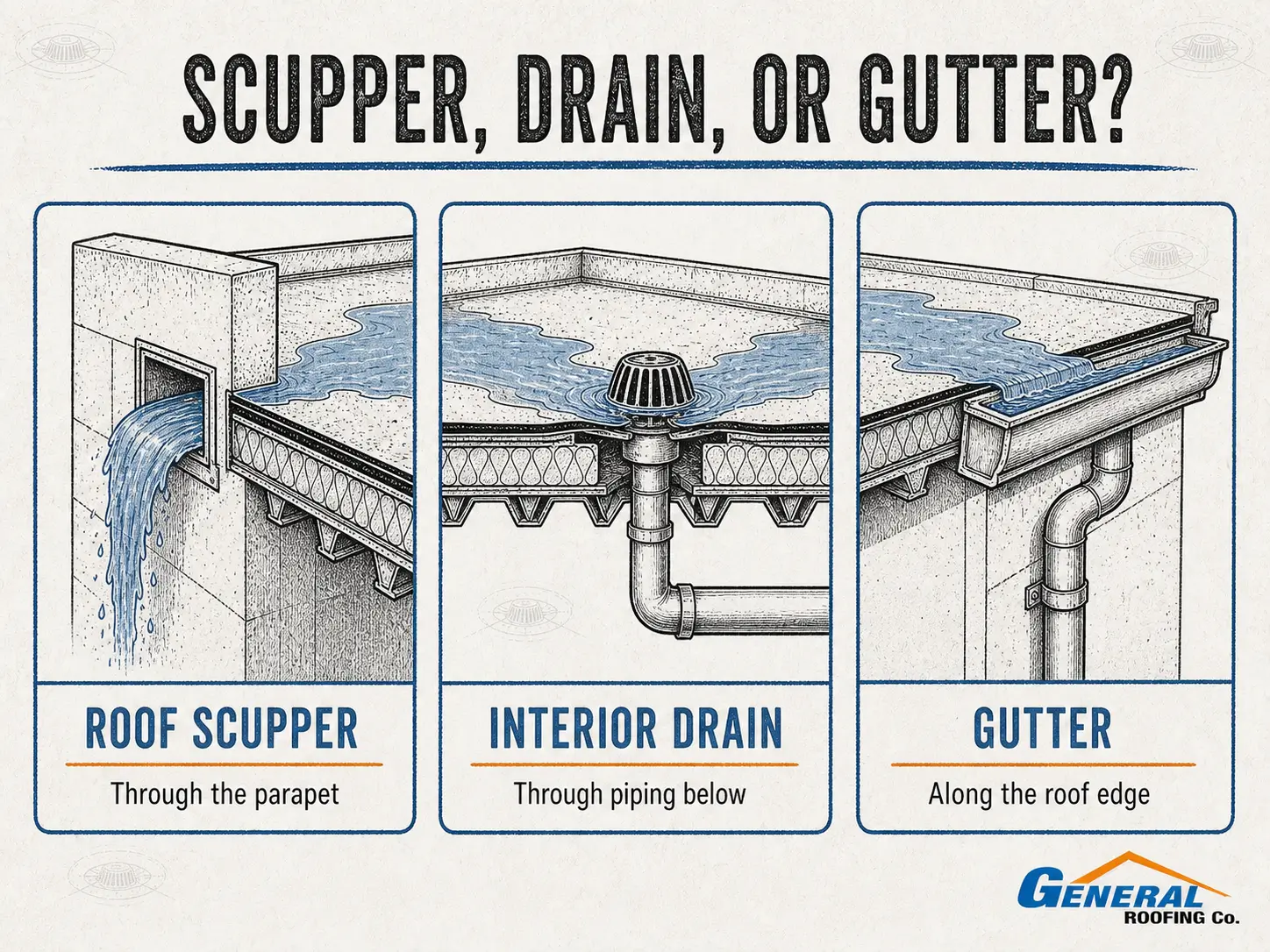 General Roofing infographic comparing a roof scupper, interior roof drain, and exterior gutter.