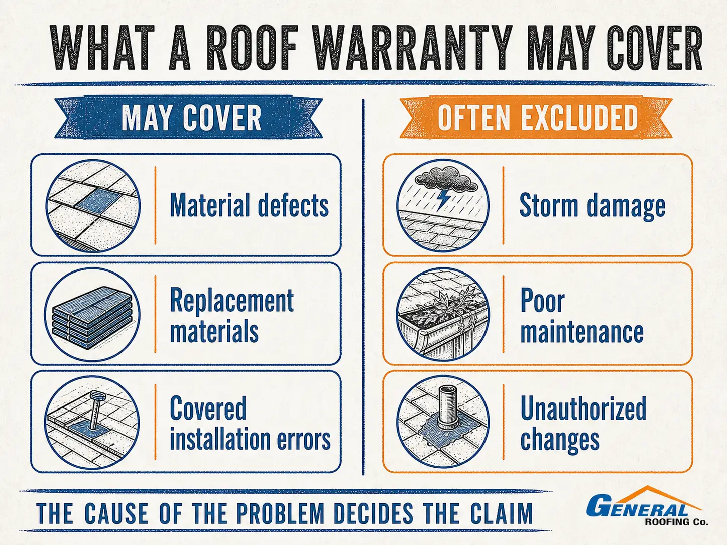 General Roofing infographic showing what a roof warranty may cover and commonly excludes.