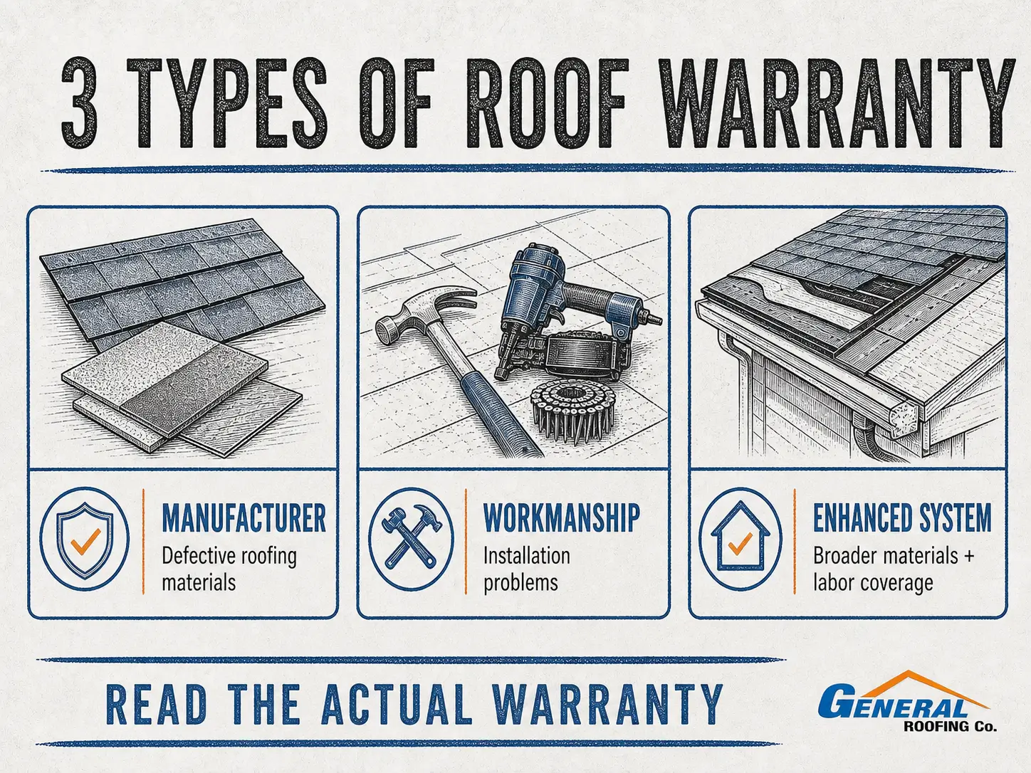 General Roofing infographic comparing manufacturer, workmanship, and enhanced roof warranties.