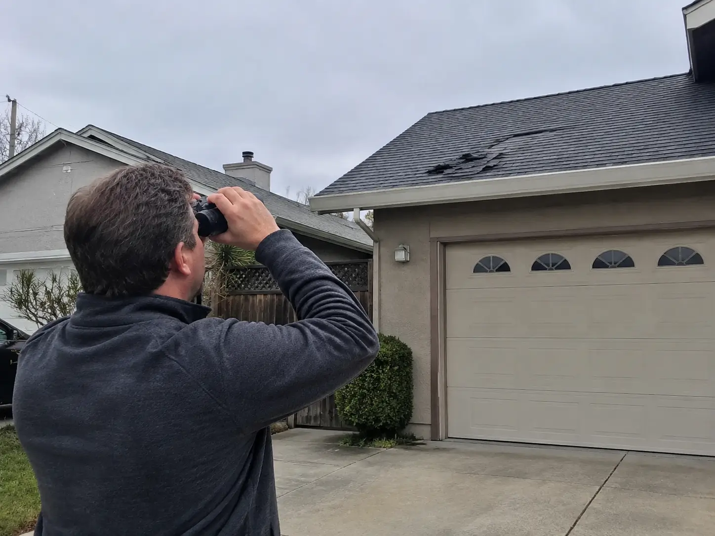 Male homeowner safely checks curling shingles from the ground with binoculars outside a Bay Area home.
