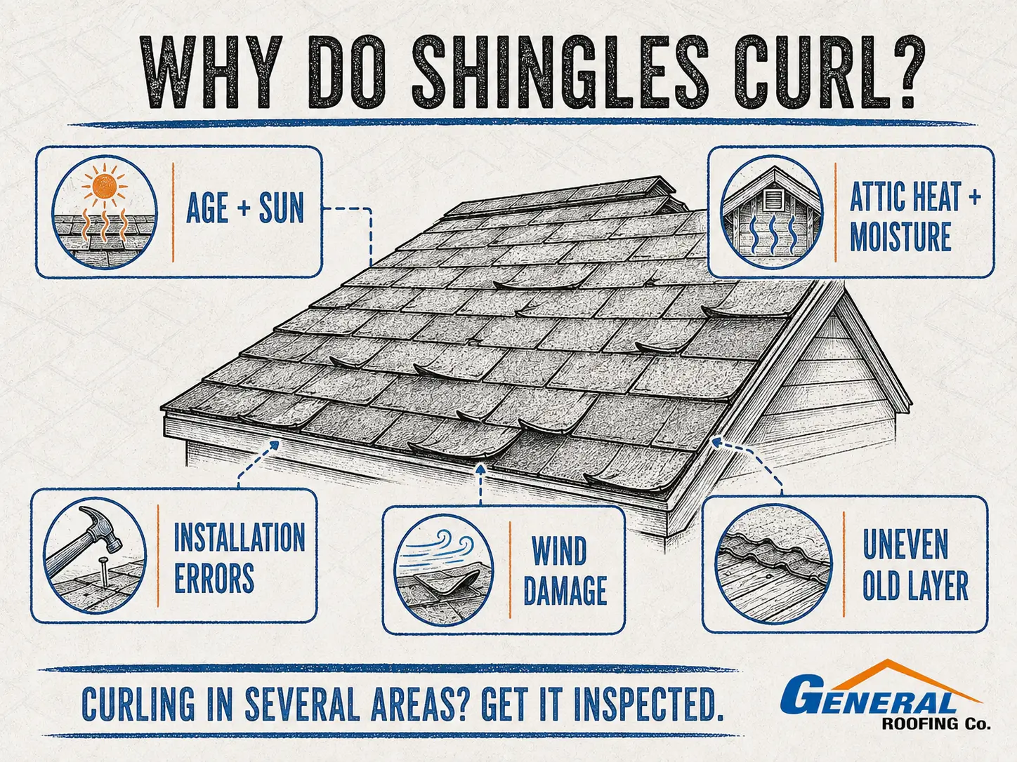 General Roofing infographic showing five common causes of curling shingles: age and sun, attic heat and moisture, installation errors, wind damage, and an uneven old roof layer.