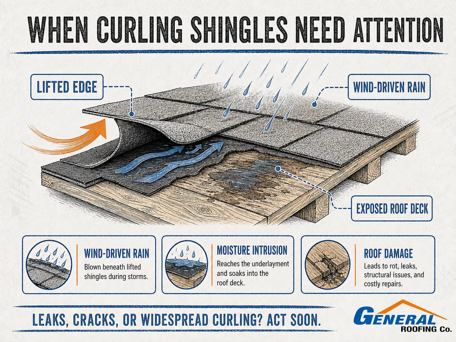 General Roofing cutaway infographic showing wind-driven rain moving beneath a curling shingle and reaching the roof deck.