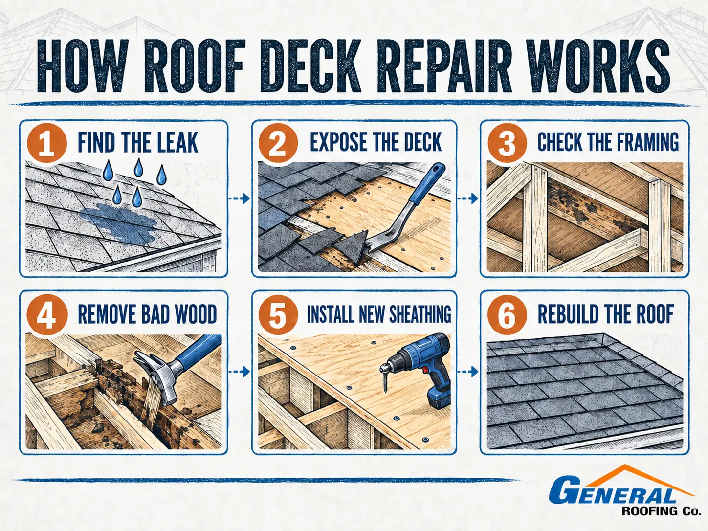 General Roofing infographic showing the six steps of roof deck repair from finding the leak to rebuilding the roof.