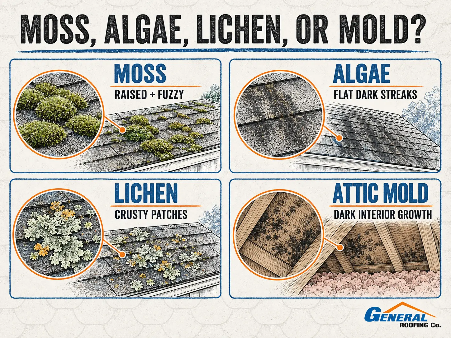 General Roofing infographic comparing raised moss, dark roof algae, crusty lichen, and attic mold.