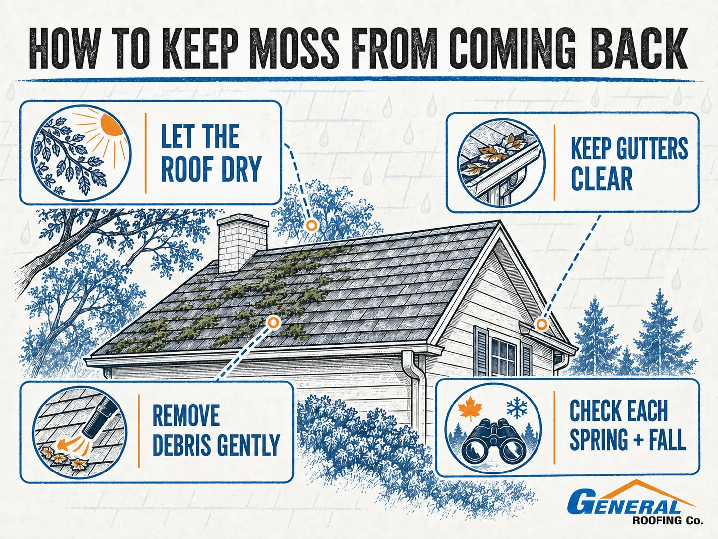 General Roofing infographic showing how sunlight, clear gutters, gentle debris removal, and seasonal checks help prevent roof moss.