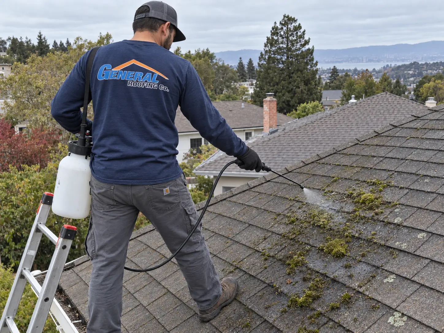 General Roofing contractor uses a low-pressure sprayer to treat moss on asphalt shingles.