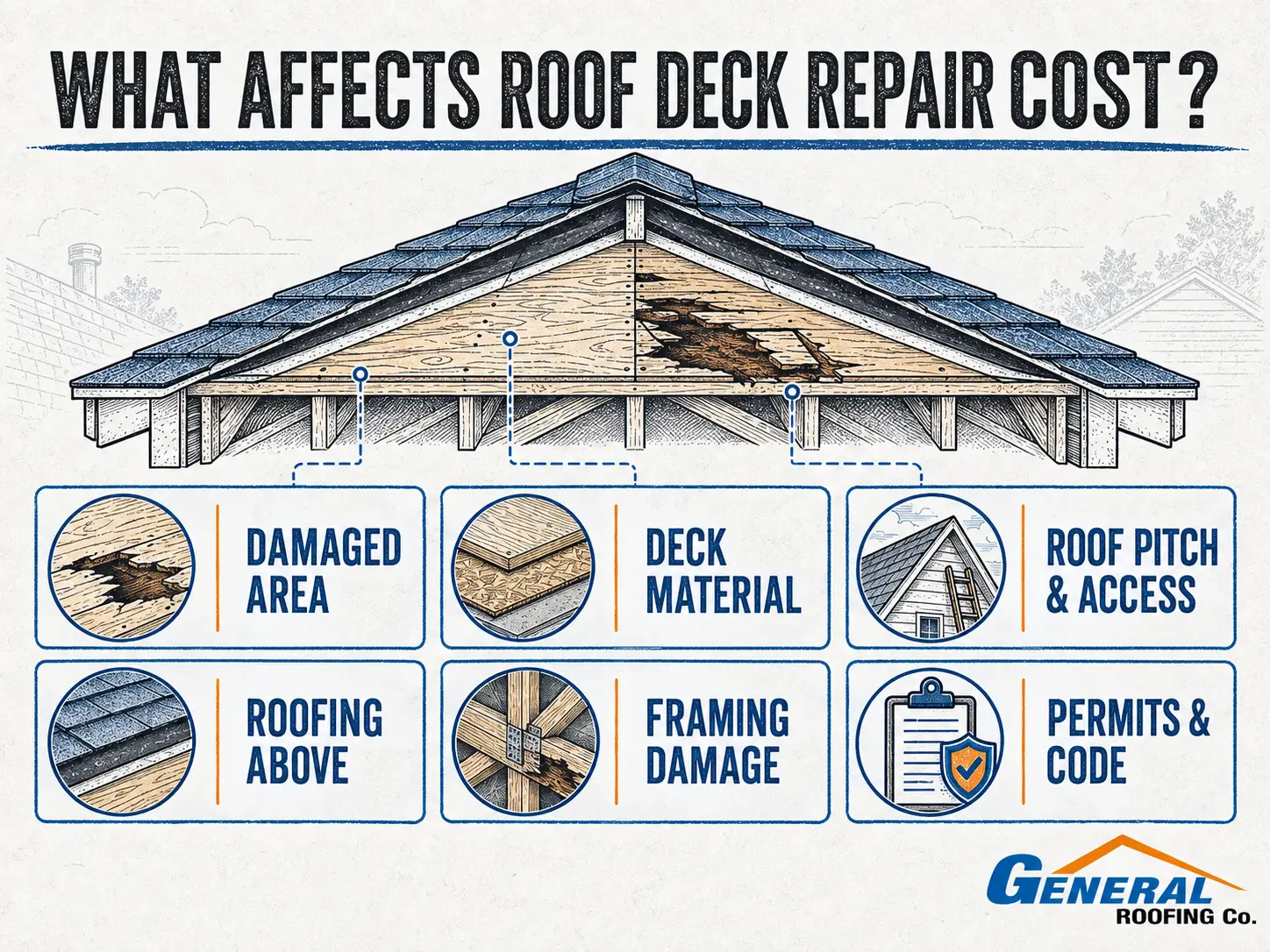 General Roofing infographic showing six factors that affect roof deck repair cost, including damage area, material, access, roofing, framing, and permits.