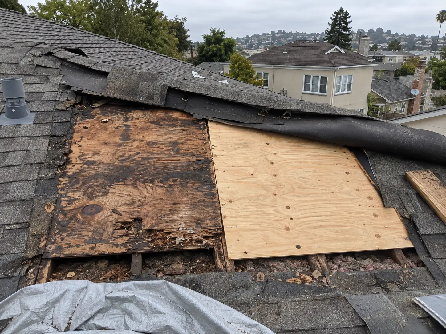 Damaged and newly replaced plywood roof decking exposed beneath asphalt shingles on an Oakland home.