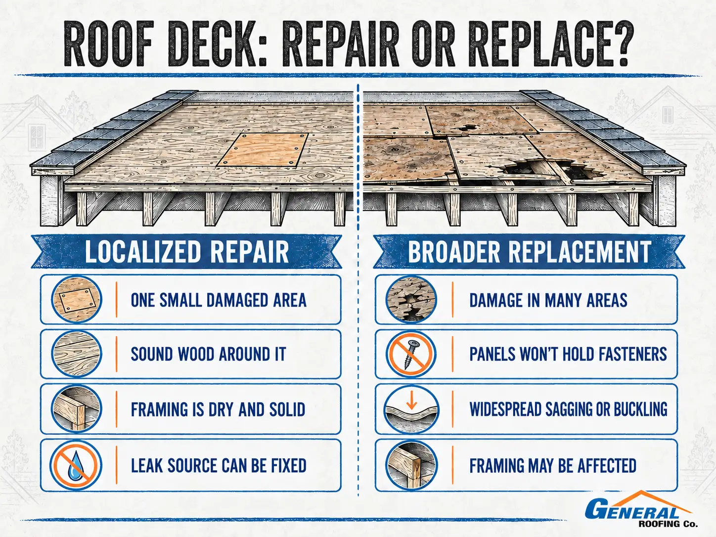 General Roofing infographic comparing localized roof deck repair with broader roof decking replacement.