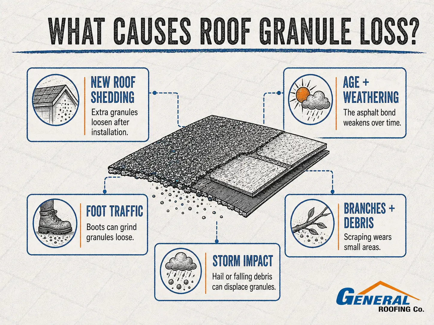General Roofing infographic showing new roof shedding, age, foot traffic, debris, and storm impact as causes of roof granule loss.