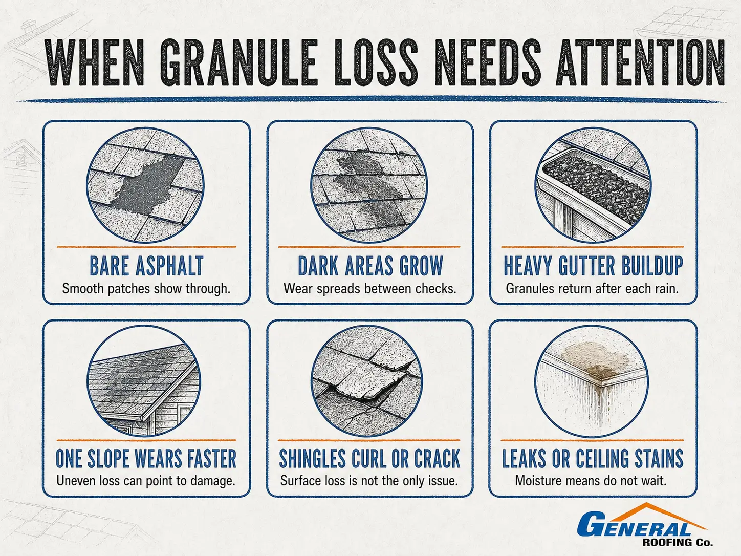 General Roofing infographic showing bare asphalt, growing dark patches, gutter buildup, uneven wear, cracked shingles, and ceiling stains.
