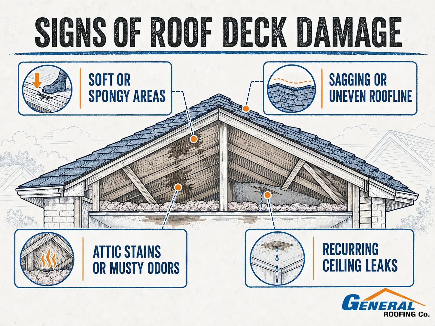 Vintage General Roofing infographic showing soft areas, sagging rooflines, attic stains, and recurring leaks as signs of roof deck damage.