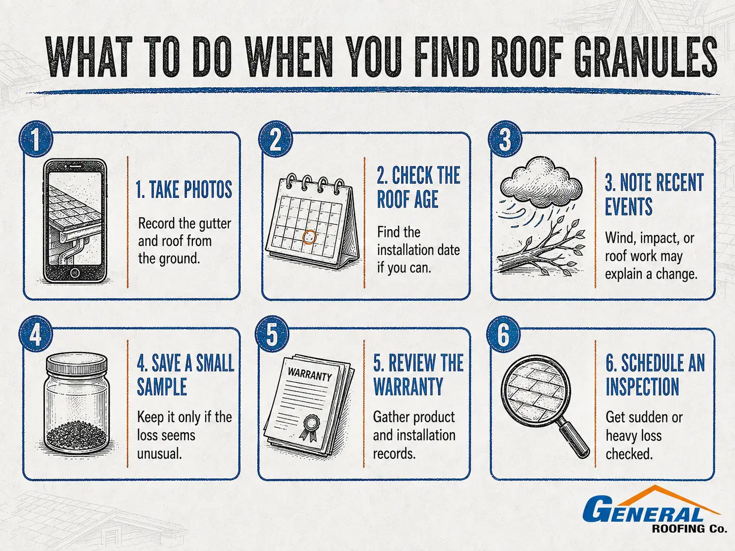 General Roofing infographic explaining six steps to take after finding roof granules, from taking photos to scheduling an inspection.