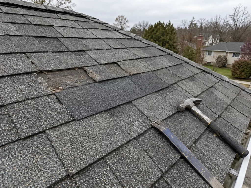 A new asphalt shingle being fitted beside weathered shingles during a small roof repair, with a pry bar and hammer nearby.