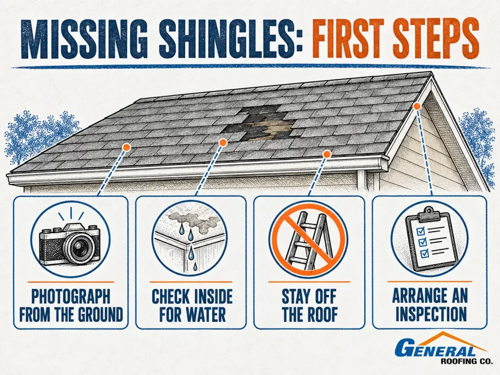 General Roofing infographic showing four first steps after finding missing shingles: photograph from the ground, check inside, stay off the roof, and arrange an inspection.