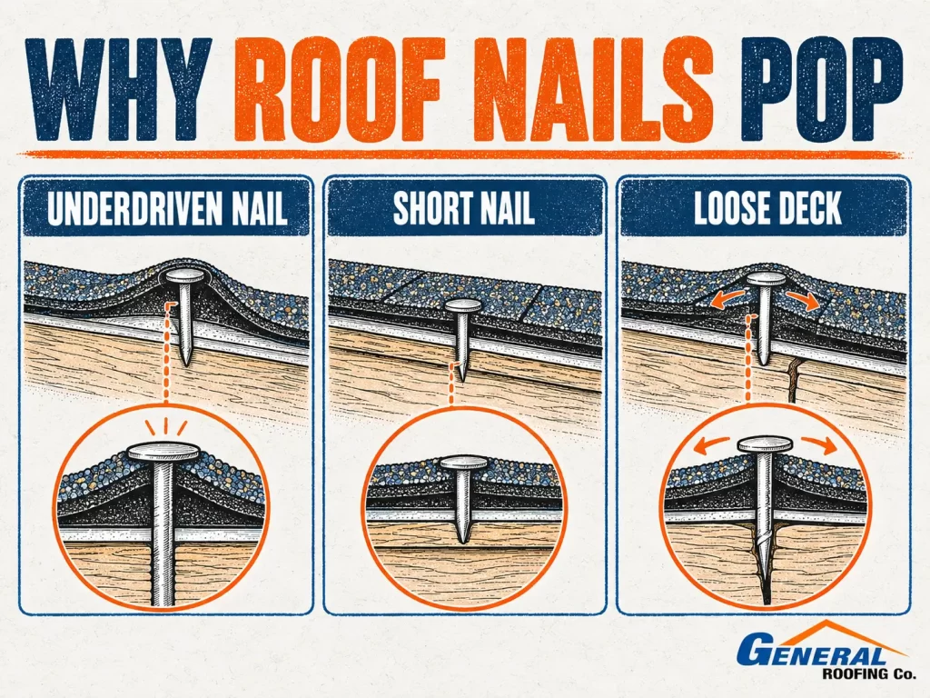 General Roofing infographic showing underdriven nails, short nails, and loose roof decking as causes of roof nail pops.