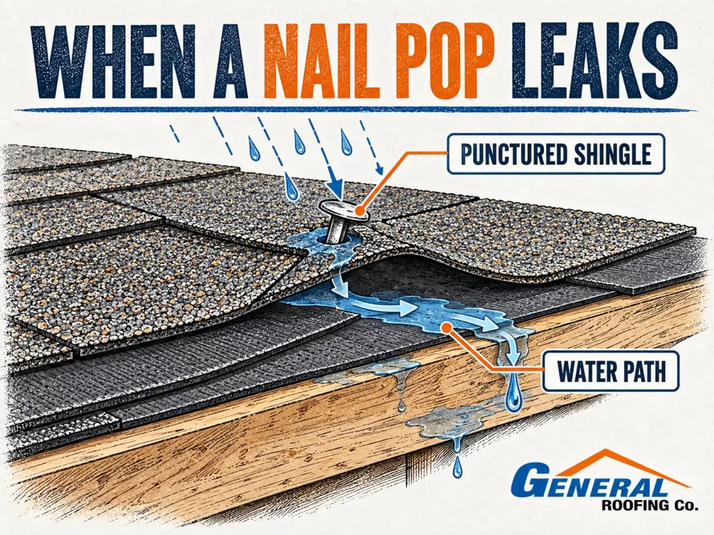 General Roofing roof cross-section showing rain entering a shingle punctured by a popped roofing nail.