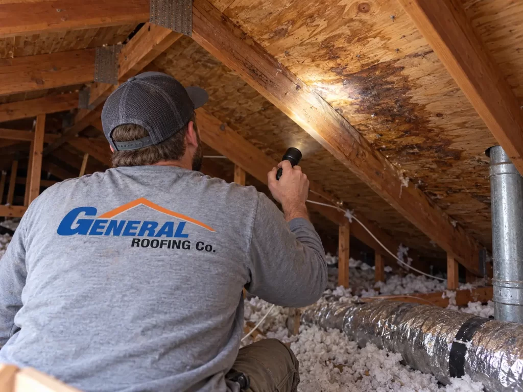 General Roofing contractor examines stained roof sheathing and rafters inside an attic.