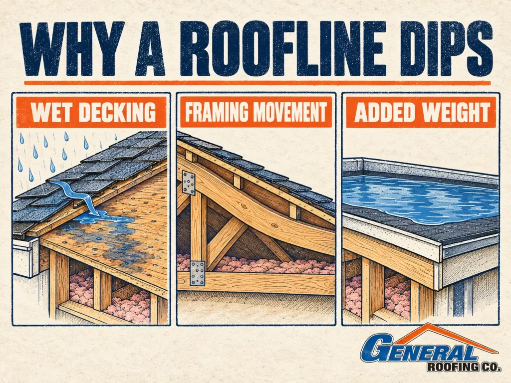 General Roofing infographic showing wet decking, framing movement, and added weight as possible causes of roof sagging.