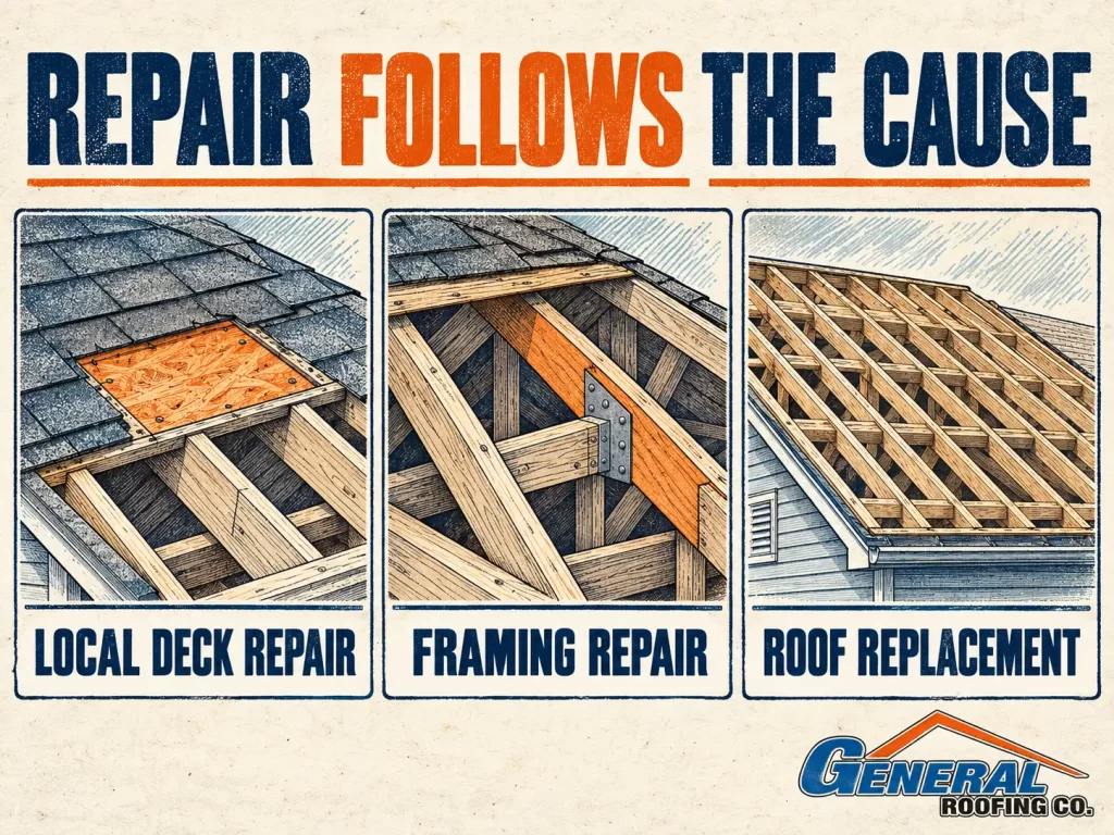 General Roofing infographic comparing local deck repair, framing repair, and roof replacement for a sagging roof.