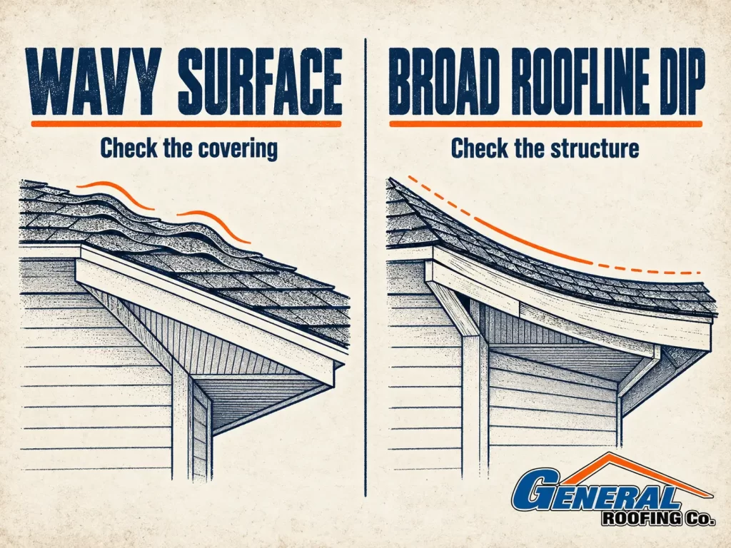 General Roofing illustration comparing wavy shingles with a broad sagging roofline.