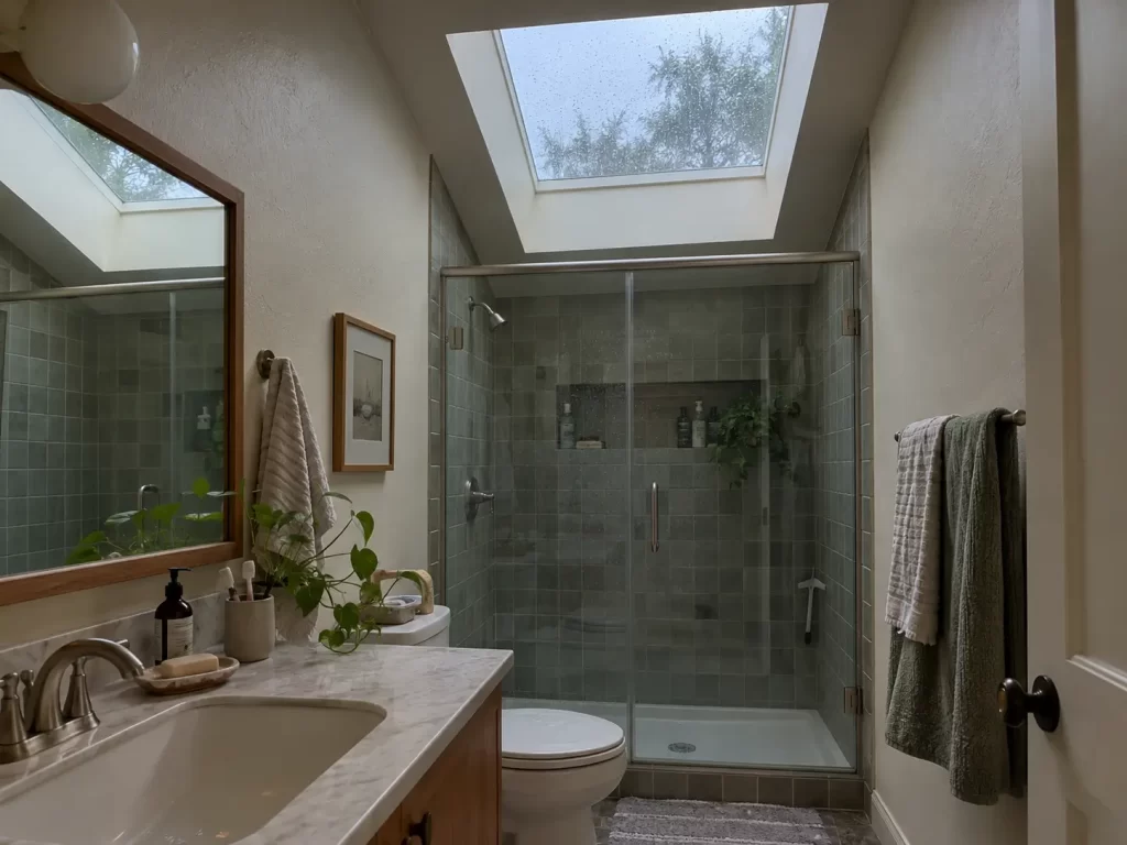 Condensation on a bathroom skylight above a shower, which can look like a roof leak