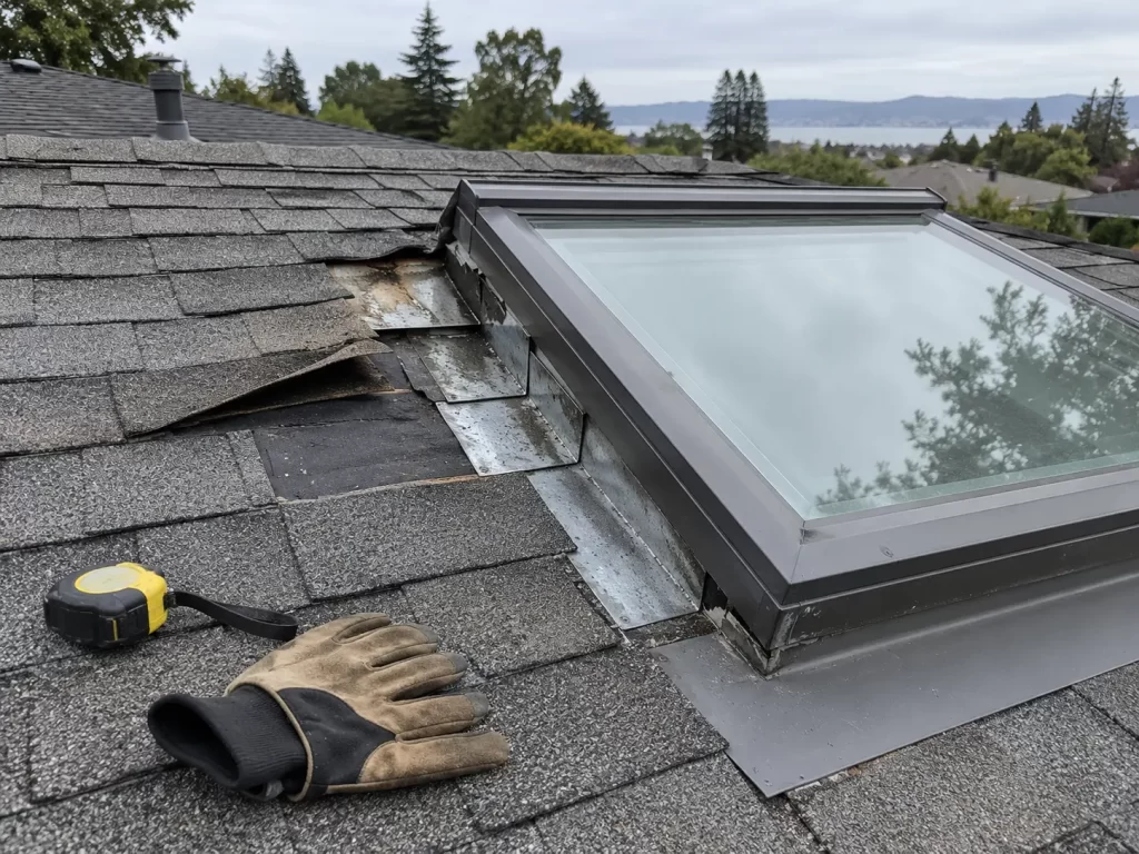 Lifted shingles reveal skylight step flashing and underlayment during a roof leak inspection