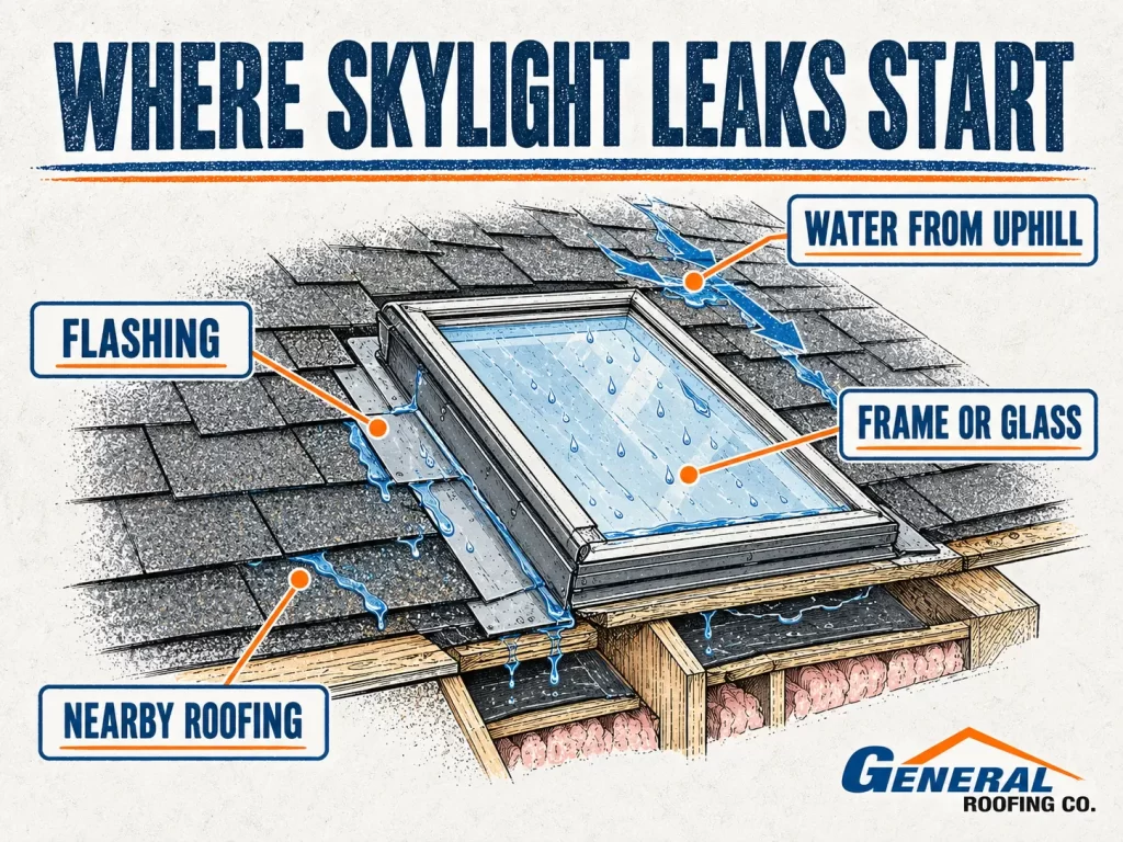 General Roofing diagram showing skylight leak sources at flashing, nearby roofing, frame or glass, and uphill roof areas