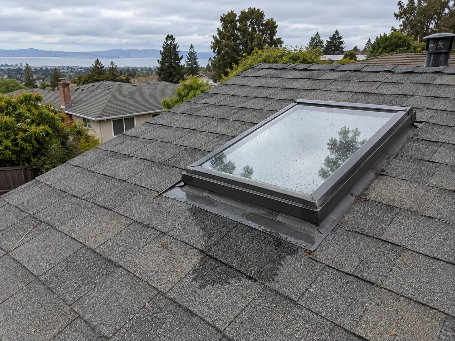 Skylight on a Bay Area shingle roof after rain, with damp flashing and roofing nearby