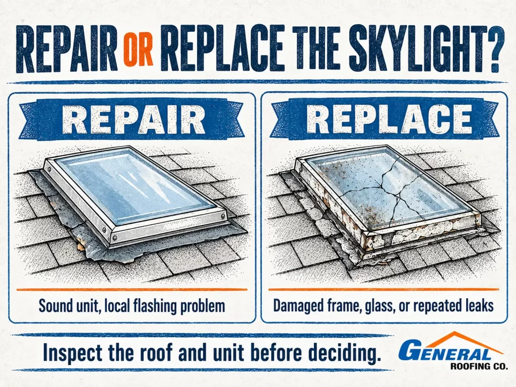 General Roofing diagram comparing skylight flashing repair with replacement of a damaged skylight